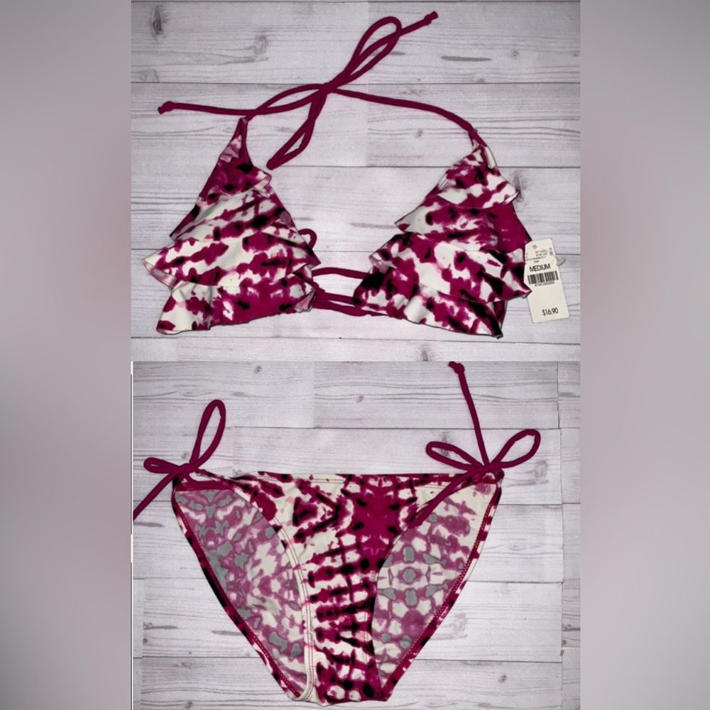 NEW WET SEAL Tie-Dye Bikini Set Pink White Ruffle Triangle Top Side Tie Bottom M - Picture 4 of 13